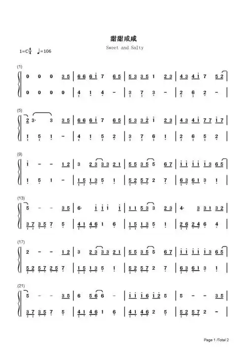 甜甜咸咸_赵芷彤_c调 _流行钢琴双手简谱_钢琴谱|钢琴五线谱|钢琴简谱