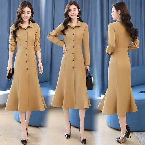 女士秋装新品女装时尚复古气质娃娃领风衣式收腰显瘦鱼尾摆连衣裙