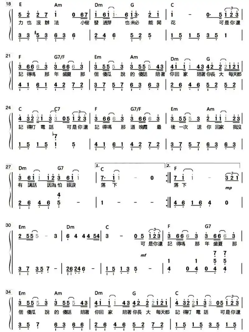 汪苏泷-附93简谱 五线 今天给大家分享的是《忽而今夏》钢琴简谱