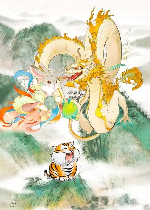 温馨慈爱的龙爸兔妈虎宝宝92,小虎宝还在嗷嗷待哺#画画 #工 - 抖音