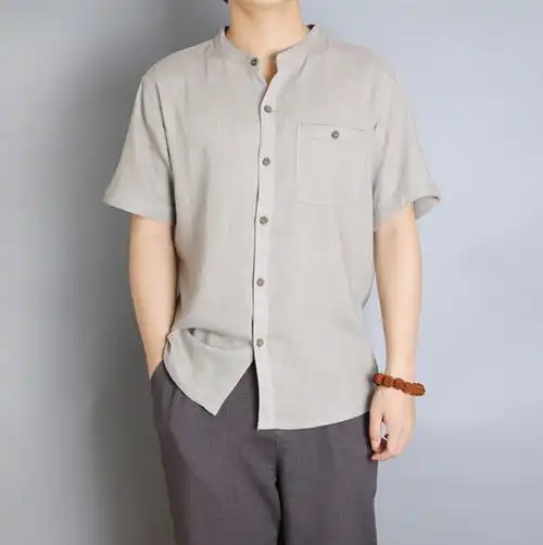 夏季男士亚麻衬衫男短袖潮流修身型麻料半袖无领衬衣夏天棉麻衣服