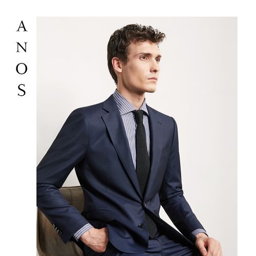 anos/亚诺司平驳领男士藏蓝色西服套装 商务西装修身外套职业正装