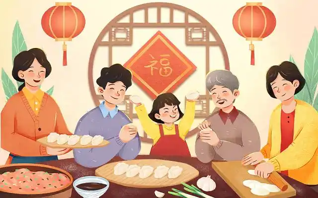 卡通手绘冬至一家人包饺子场景原创插画卡通冬至插画