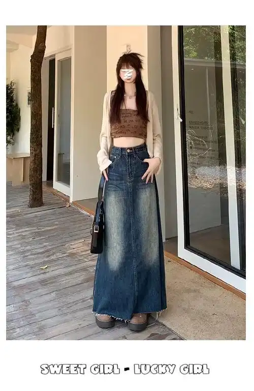 做旧水洗牛仔半身裙女春夏季辣妹中长款直筒a字设计感显瘦牛仔裙 - 17