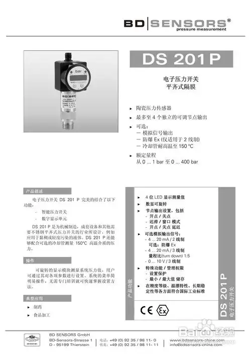 bdsensors电子压力开关ds201p产品说明书
