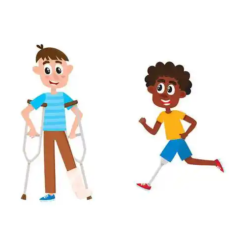 男孩_站立_拐杖_断腿_橡皮膏_黑人_跑_腿_假肢_隔绝_插画_白色背景