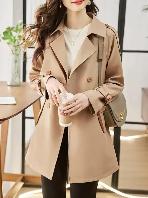 2024新款春秋款气质小个子外套高端西装领拼色时尚风衣女中长款