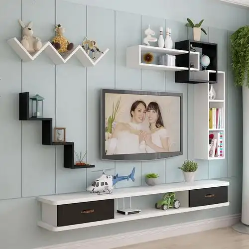 北欧实木组合小户型客厅壁挂电视吊柜背景墙收纳隔板置物架省空间视频