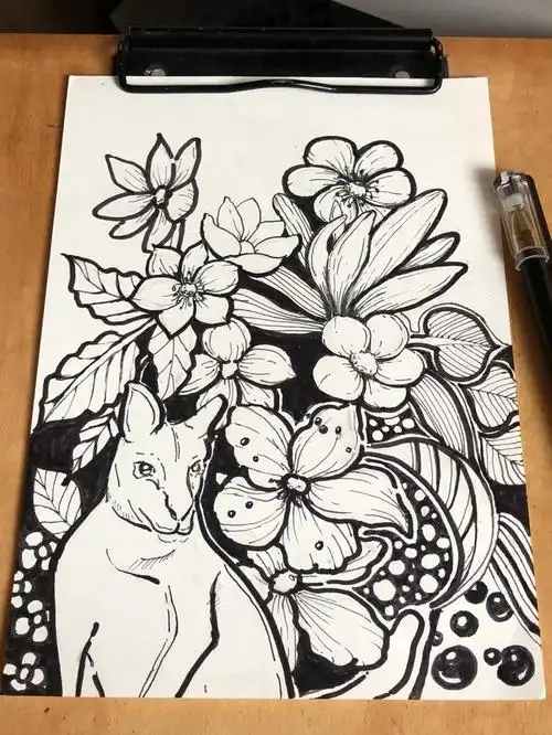 黑白装饰插画针管笔线描花卉动物装饰