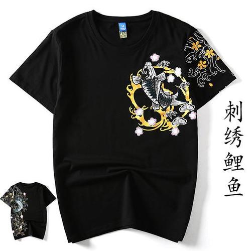 日系浮世绘刺绣短袖t恤 夏装波浪锦鲤鱼上衣中国风半袖男装棉体恤
