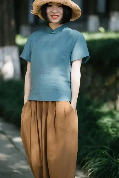 大拙春夏女装苎麻斜襟盘衬衫夏季短袖上衣160812衬衫