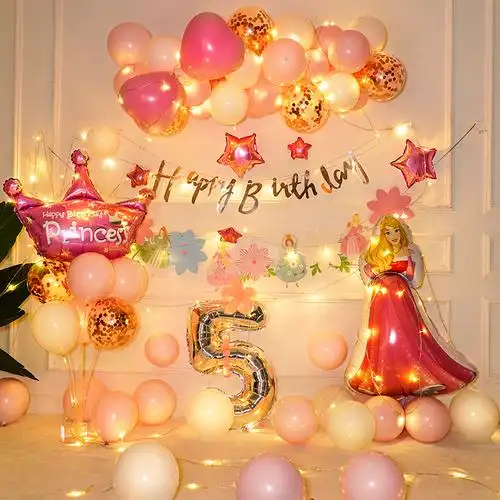 女童白雪公主主题气球场景布置背景墙女孩5岁生日气球