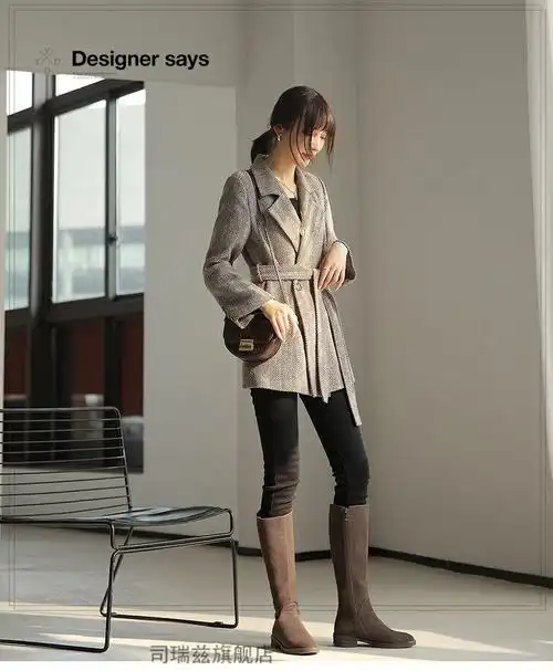 磨砂翻毛女士长筒靴反毛皮靴子长靴气质半桶靴女中筒靴n78咖啡色单里