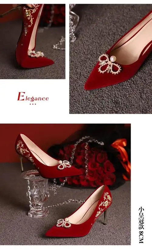 配秀禾服鞋子敬酒服鞋子婚鞋秀禾婚纱两穿酒红色中式新娘鞋红色高跟鞋