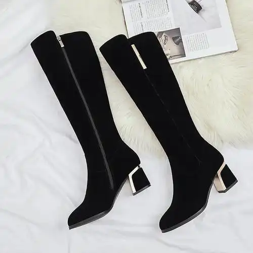 长筒靴女磨砂粗跟尖头高筒靴子瘦瘦靴秋冬季不过膝靴长靴女高跟鞋