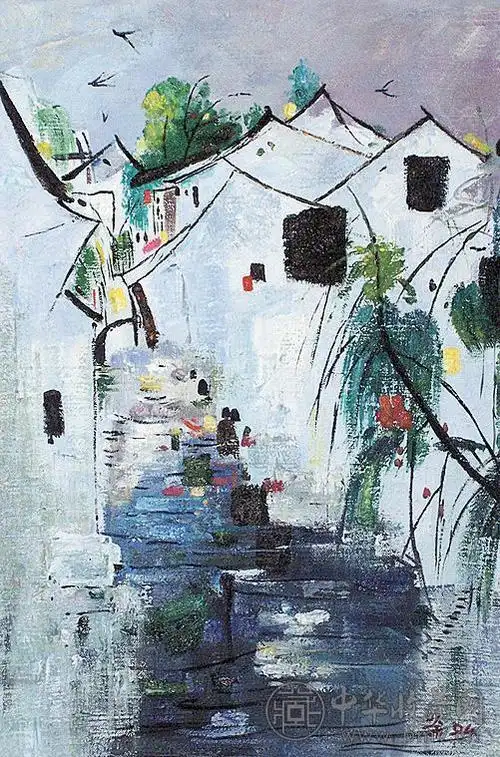 吴冠中 江南水乡 油画 镜框