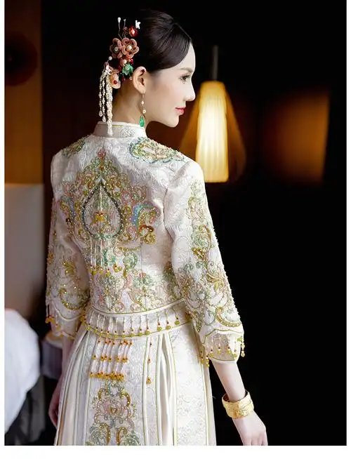 旗袍秀禾服新娘2021年新款金色春夏秀禾女中式结婚礼服龙凤褂凤冠霞帔