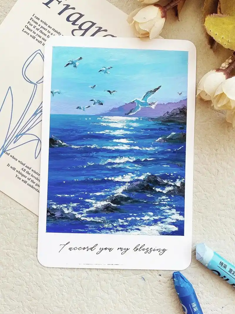 油画棒|海鸥与海98|新手明信片.教你画海鸥与海|一起去看海 - 抖音