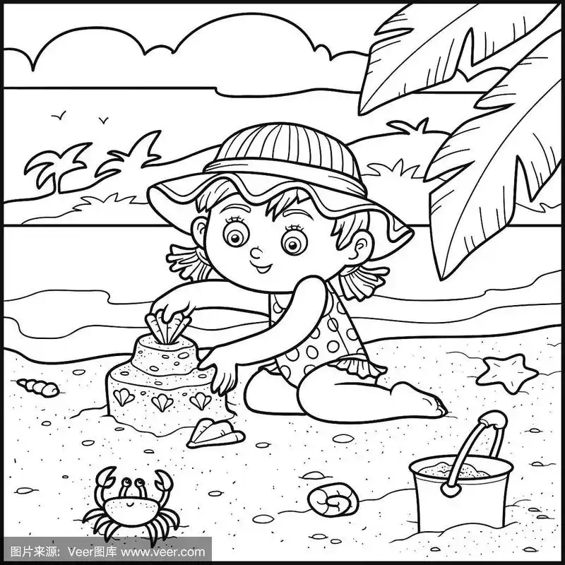 儿童涂色书,女孩建沙堡