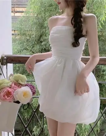 裙连衣裙成人冬装超仙可爱少女收腰小个子超短秋欧根纱抹胸裙白色s