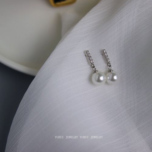 通体925纯银珍珠耳坠 气质简约百搭带钻贝珠耳环 日韩短款耳钉