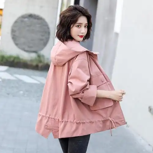 工装风衣女小个子2021新款韩版时尚宽松气质连帽休闲女装上衣外套