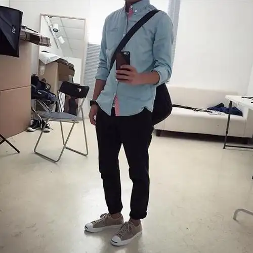 日式复古原宿风水洗做旧男士长袖牛仔衬衫修身衬衣