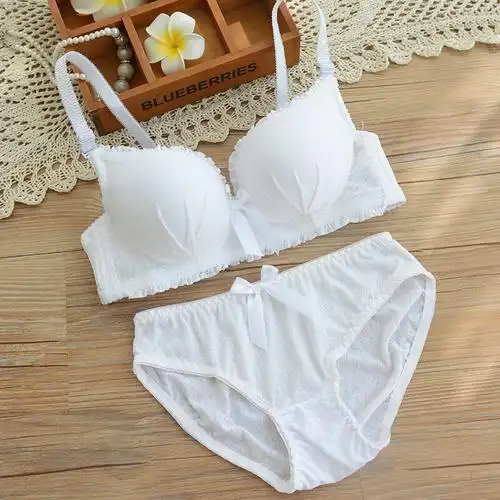 无钢圈少女文胸聚拢薄款胸罩日系夏季白色学生高中女内衣内裤套装白色