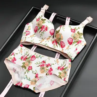 无钢圈拉丝一片式蔷薇玫瑰花聚拢印花四排扣文胸套装舒适按摩内衣
